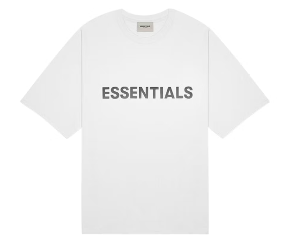 Camiseta Fear of God Essentials con silueta cuadrada y logotipo de silicona 3D en color blanco